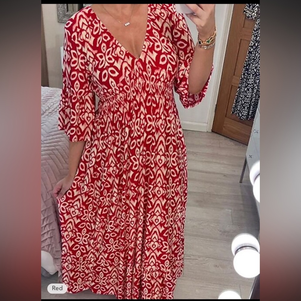 NWT women’s maxi boho chic dress, boho stylish vacay casual maxi in red (2xl)